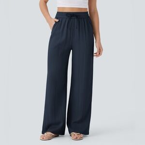 HALARA Linen -Feel Drawstring High Waist Wide-Leg Navy Pants Women’s MP LP